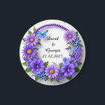 Íman Quadro circular do Flores para casamentos<br><div class="desc">Uma coroa floral vibrante de flores e folhas verdes forma uma estrutura circular,  criando uma composição visualmente agradável e elegante.</div>