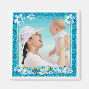Íman Quadro de Fotos Floral Azul e Branco