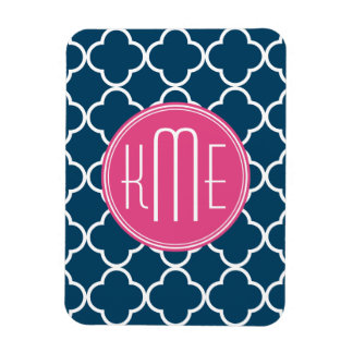 Íman Quatrefoil Azul Elegante Marinho com Monograma Ros