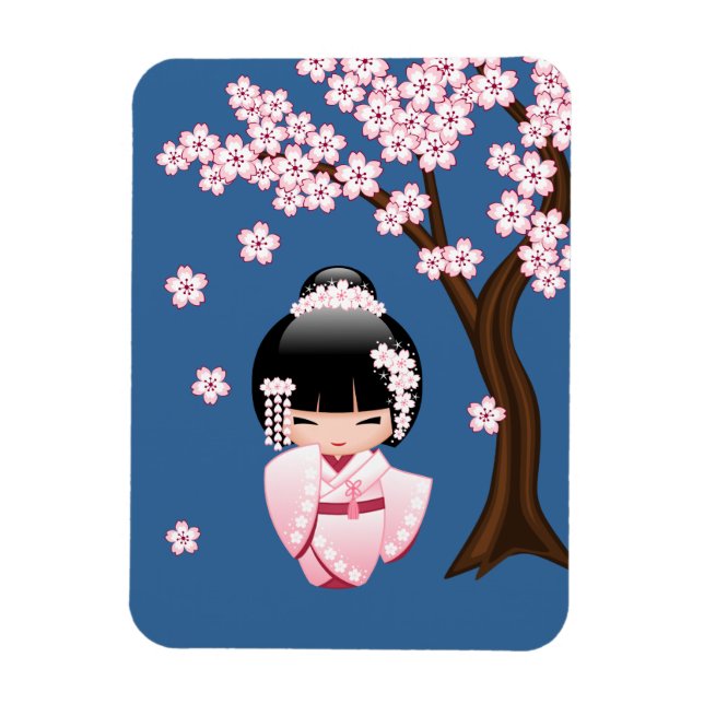 Íman Quimono Rosa Boneca Kawaii Kokeshi em Azul (Vertical)