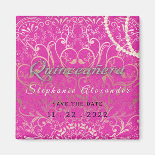 Íman Quinceanera rosa quente Salve as pérolas da data,