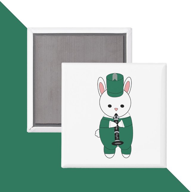 Íman Rabbit Clarinet Marching Banda Verde Branco (A magnet with a bunny rabbit playing the clarinet and wearing a green & white marching band uniform.)