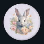 Íman Rabbit Surrounded by Pastel Flowers Cute<br><div class="desc">Magnet with a sweet and adorable watercolor image. A bunny rabbit with white and gray fur. A garland of carnation flowers in pastel colors of pink and peach. A cute Easter,  birthday or baby shower image for bunny rabbit lovers.</div>