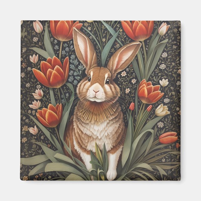 Íman Rabbit vermelho Tulipas William Morris inspiradas (Frente)