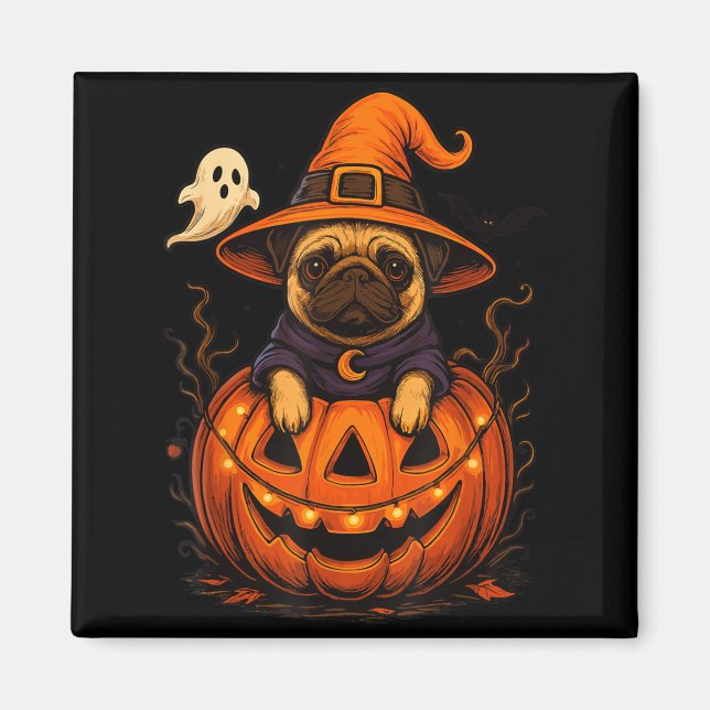 Íman Raça de Pug Engraçado Pet Halloween Abóboras Hallo (Frente)