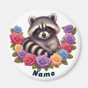 Íman Raccoon cercado por Rosas Coloridos Vibrantes