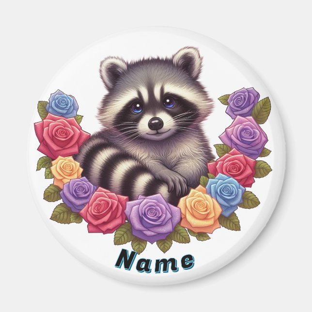 Íman Raccoon cercado por Rosas Coloridos Vibrantes (Frente)