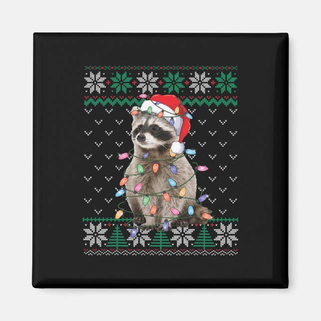 Íman Raccoon Santa Hat Christmas Ugly Sweater (Frente)