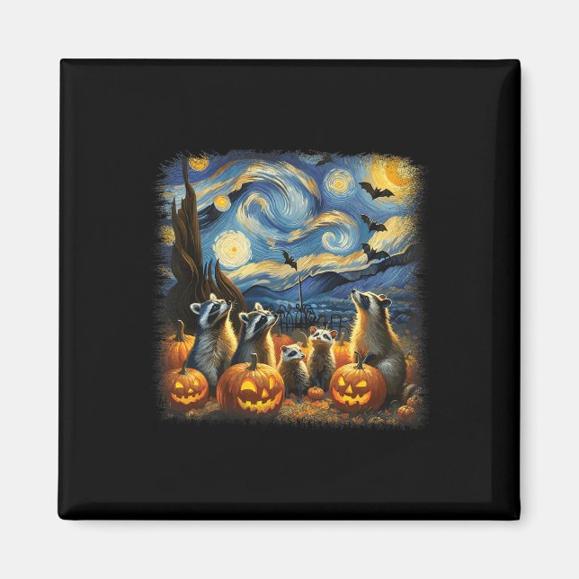 Íman Raccoons E Possum Halloween Fall Van Gogh Starry (Frente)