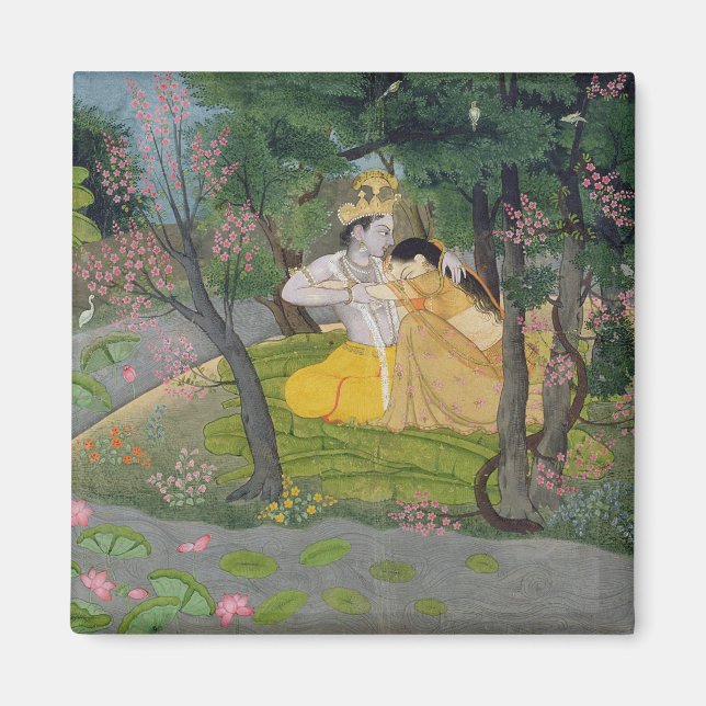 Íman Radha e Krishna abraçam-se numa plantação florida (Frente)