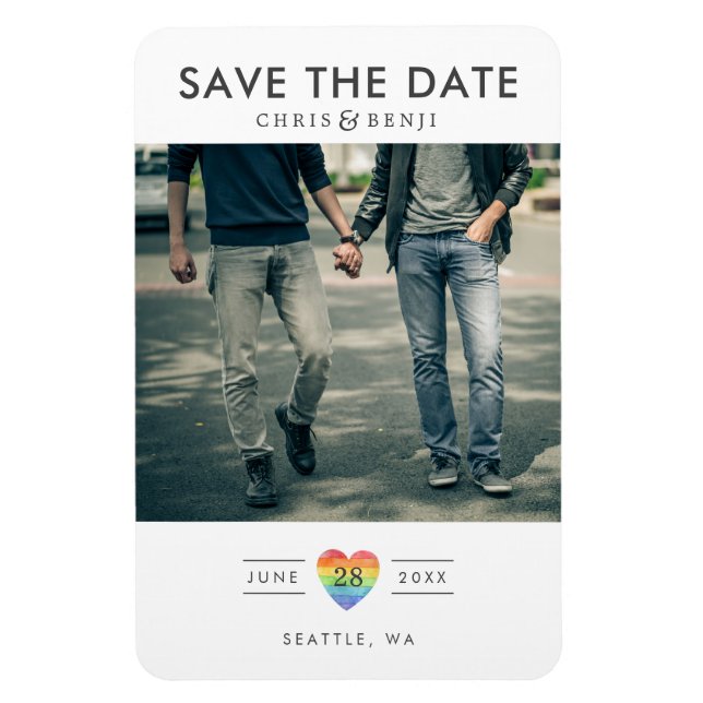 Íman Rainbow Heart LGBTQ Save the Date with Photo (Vertical)