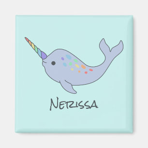 Íman Rainbow Narwhal Name Magnet Quadrado