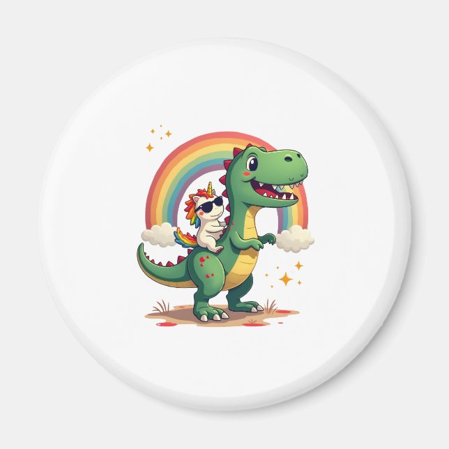 Íman Rainbow Unicorn Riding T rex - Dinosaur Boys Girls (Frente)