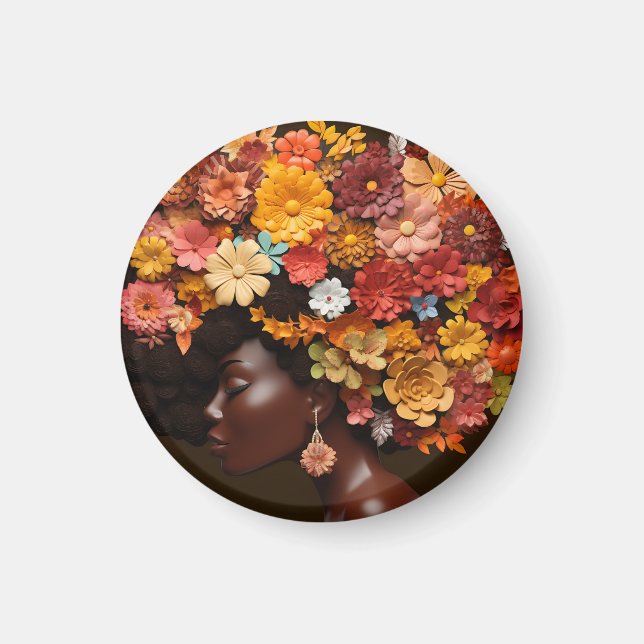 Íman Rainha Negra Melanina Mulheres 3D Flor Afro (Frente)