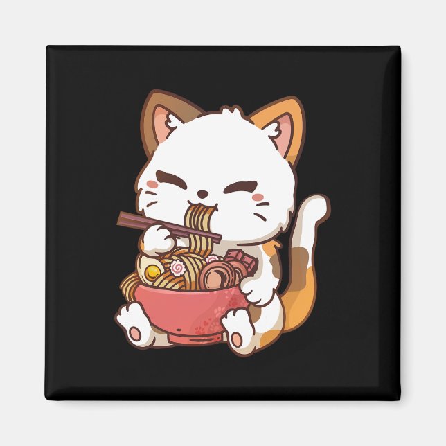 Íman Ramen Cat Anime Kawaii Cat Eating Ramen (Frente)