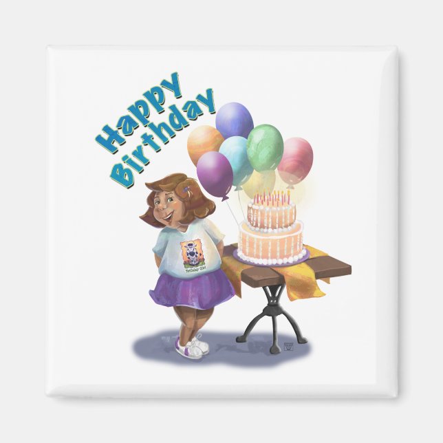 Íman Rapariga de aniversário com balões e bolos (Frente)