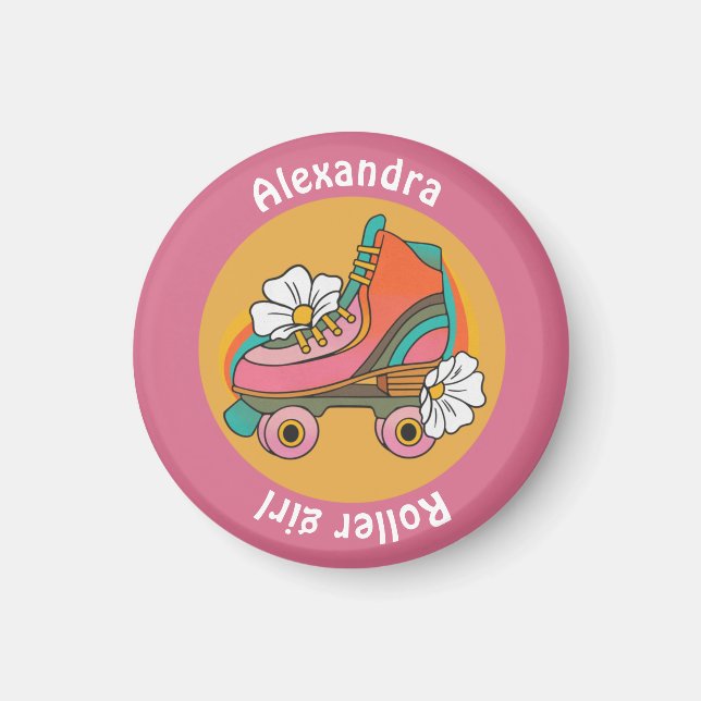 íman rapariga de patins de nome personalizado rosa (Frente)