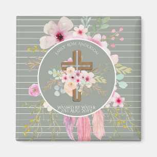 Íman Raparigas Personalizadas BAPTISM - Sage Floral Cro