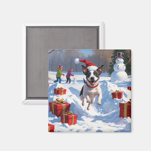 Íman Rat Terrier Correndo na Neve com Chapéu de Natal (Front/Back)