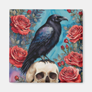 Íman Raven Sobre O Fundo Do Teto De Rosas vermelhas Crâ