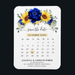 Íman Real Blue Rustic Sunflower Modern Salve a data<br><div class="desc">País rústico elegante e moderno, exceto a data em que o ímã de calendário apresenta girassol amarelo vivo, peões azuis reais, hálito de bebê, estrutura floral de girófila/coroa com folhas de eucalipto. Por favor, encontre mais designs e variações na minha loja de "blisswedingpaperie". E fique à vontade para me contactar...</div>