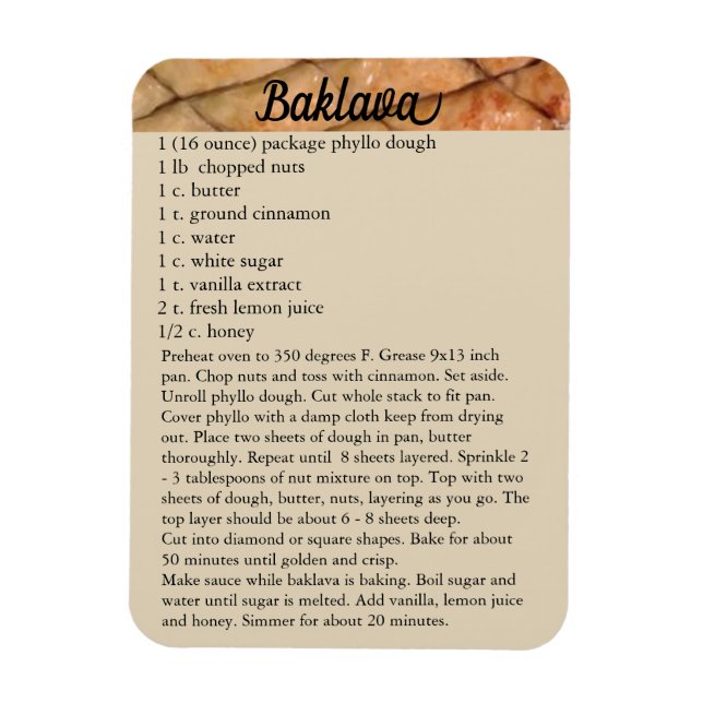 Íman Receita de Baklava Ímã Geladeira Confeitaria de Fe (Vertical)