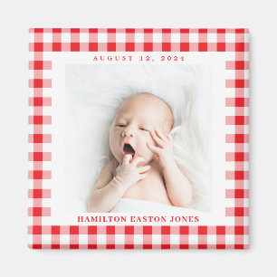 Íman Red and White Gingham Check Baby Birthdate Magnet