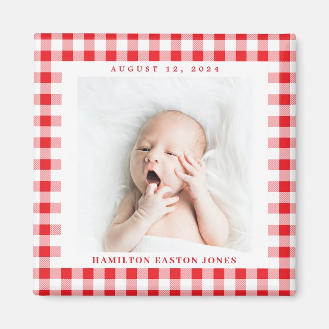 Íman Red and White Gingham Check Baby Birthdate Magnet (Frente)