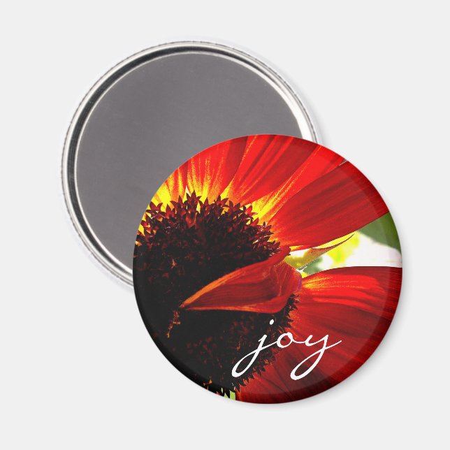 Íman Red Gerbera Daisy Photo Joy Script Bold Modern (Front/Back)