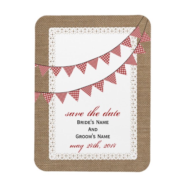 Íman Red Gingham Bunting Burlap Inspirou Salvar A Data (Vertical)