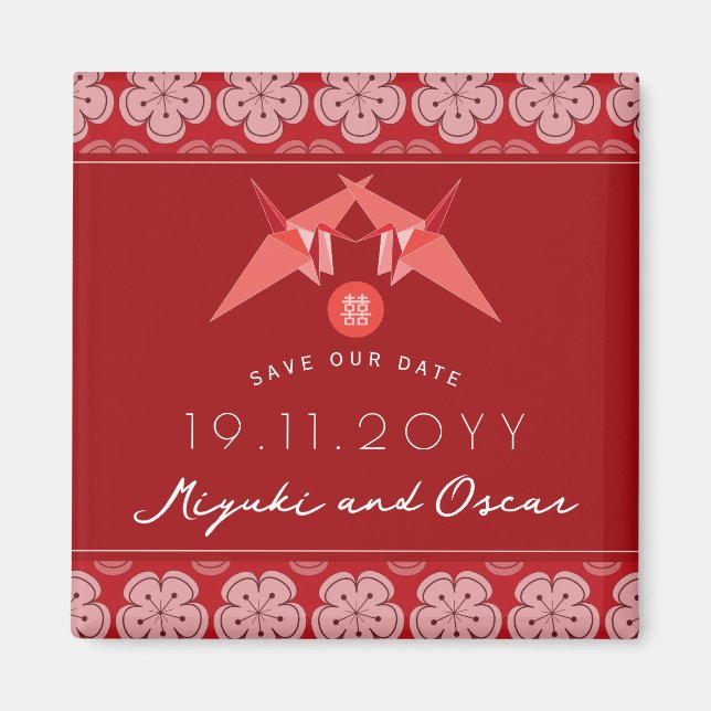 Íman Red Paper Crane Sakura Casamento Asiático Salvar D (Frente)