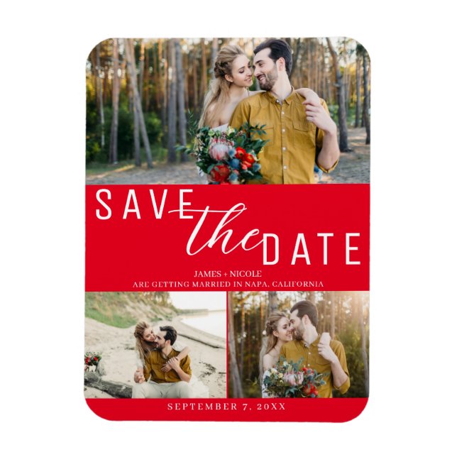 Íman Red Save the Date Wedding 3 Fotos (Vertical)