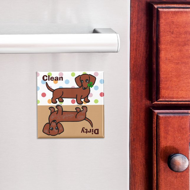 Íman Red Smooth Dachshund 2 Sujo / Limpo (Cute Red Smooth Haired Dachshund Cartoon Dishwasher Magnet)
