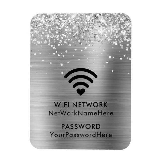 Íman Rede WiFi e Senha em Glitter Prateado (Vertical)