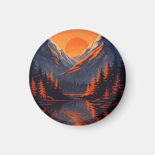 Íman Reflexo do Pôr do Sol na Montanha com Céu Laranja