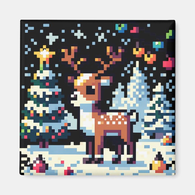Íman Reindeer de Natal Winter Wonderland Pixel Art (Frente)