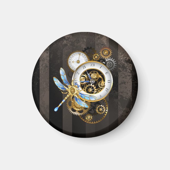 Íman Relógio Steampunk com Libélula Mecânica (Frente)