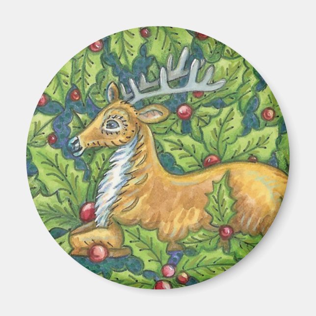 Íman Rena de Natal Fofo na Floresta com Azevinho (Frente)