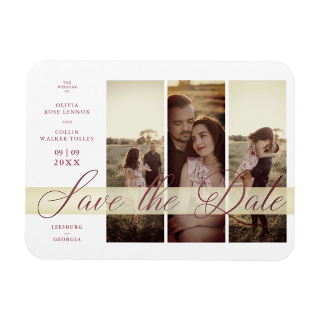 Íman Reserva La Fecha Simple Elegant Script 3 Fotografi (Horizontal)