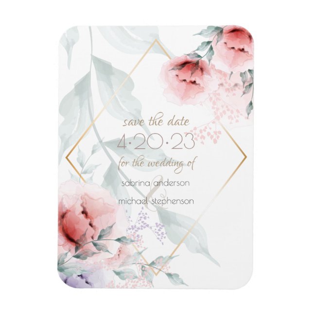 Íman Reserve a Data | Coral/Lilac Aquarelle Peony (Vertical)
