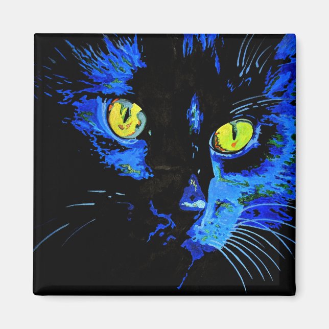Íman Retrato Artístico De Gato Negro Com Amarelo Em Gre (Frente)