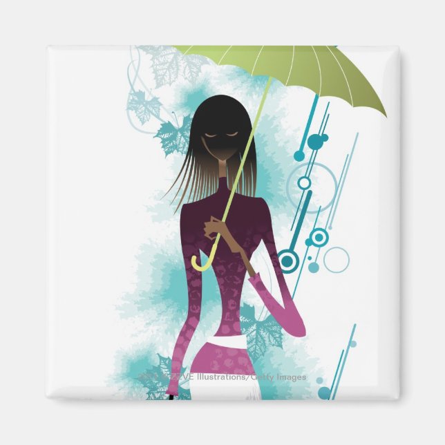 Íman Retrato da jovem segurando bolsa e guarda-chuva (Frente)