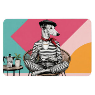 Íman Retrato de Greyhound em Pop Art Bebendo Café Cinza