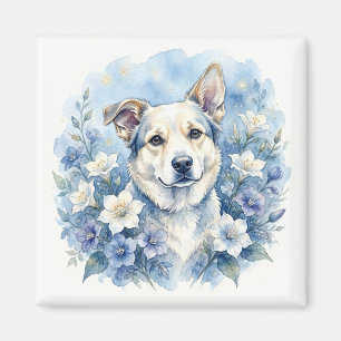 Íman Retrato Floral Botânico de Cachorro em Aquarela