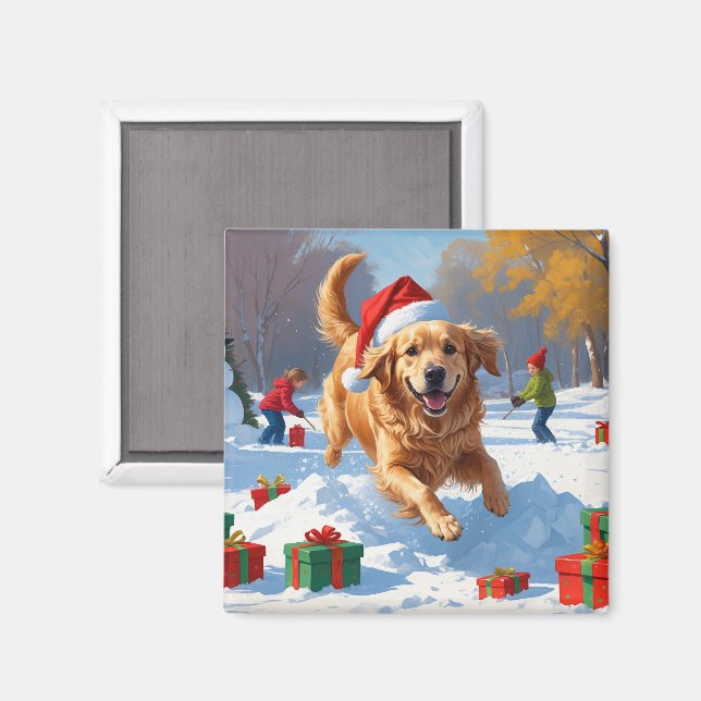 Íman Retriever ouro em neve com chapéu de Natal (Front/Back)
