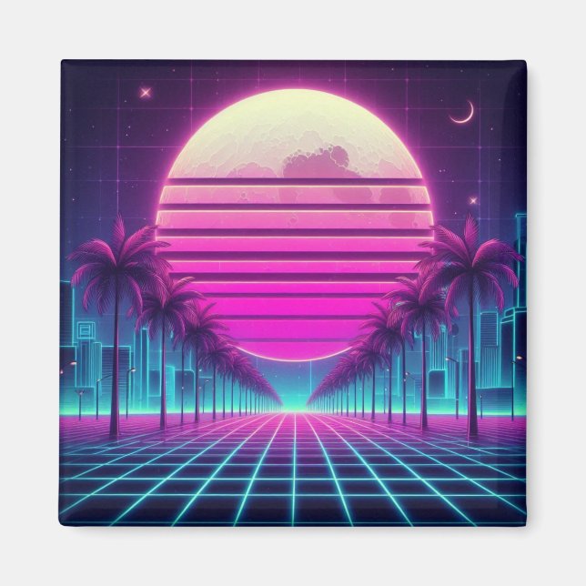 Íman retrô, 80 anos lua neon/palmas (Frente)