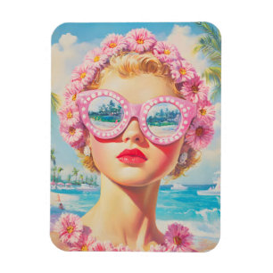 Íman Retro Beach Girl com óculos de sol florais