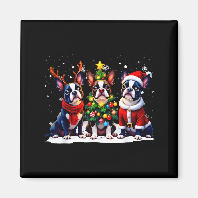 Íman Retro Christmas Boston Terrier Santa Reindeer Dog  (Frente)