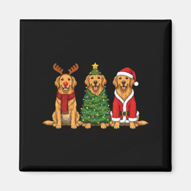 Íman Retro Christmas Golden Retriever Santa Reindeer Do (Frente)