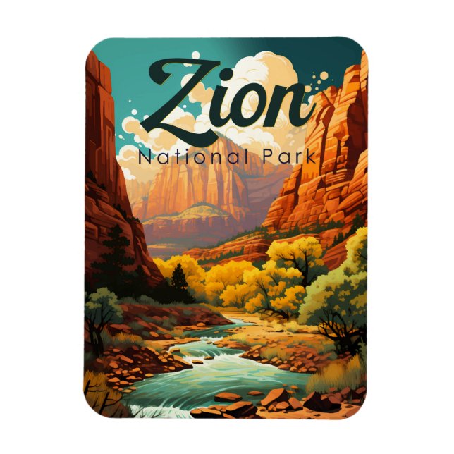Íman Retro da Ilustração do Parque Nacional Zion (Vertical)